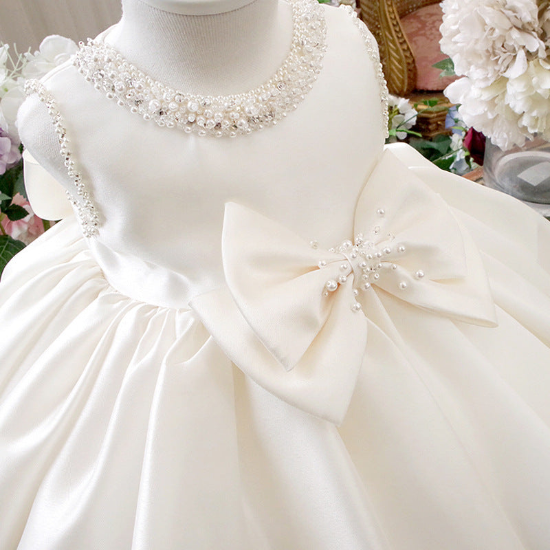 White Satin Princess Flower Girl Dress: Sleeveless Bows