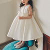 White Satin Princess Tea-Length Flower Girl Dress with Bows