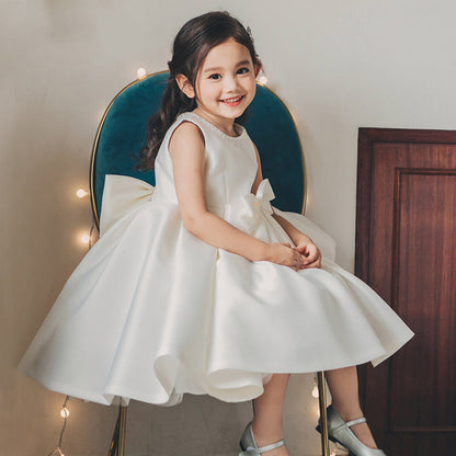 White Satin Princess Tea-Length Flower Girl Dress with Bows