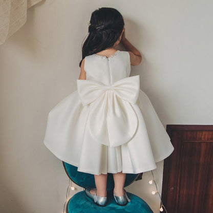 White Satin Princess Tea-Length Flower Girl Dress with Bows