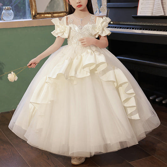 White Satin Tulle A-Line Flower Girl Dress Lace Sequin Cold Shoulder