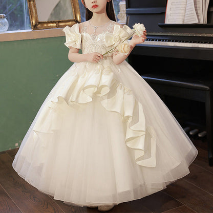 White Satin Tulle A-Line Flower Girl Dress Lace Sequin Cold Shoulder