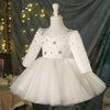 White Satin Tulle A-Line Flower Girl Dress Sequin Sleeve