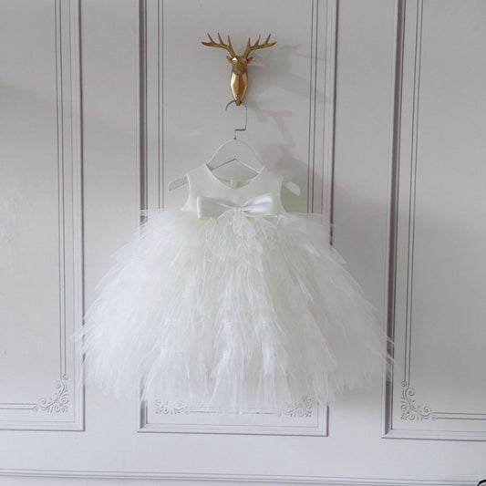 White Tiered Ball Gown Dress for Girls, Satin & Tulle, Flower Girl Special Occasion