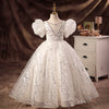 White Sequin A-Line Flower Girl Dress Beaded Short Puff