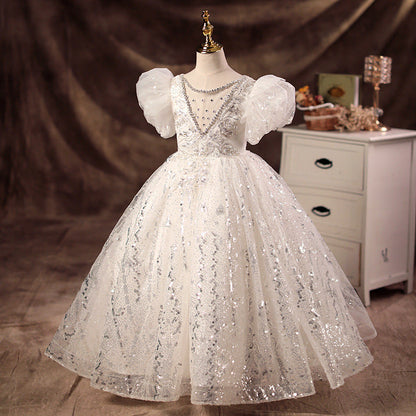 White Sequin A-Line Flower Girl Dress Beaded Short Puff