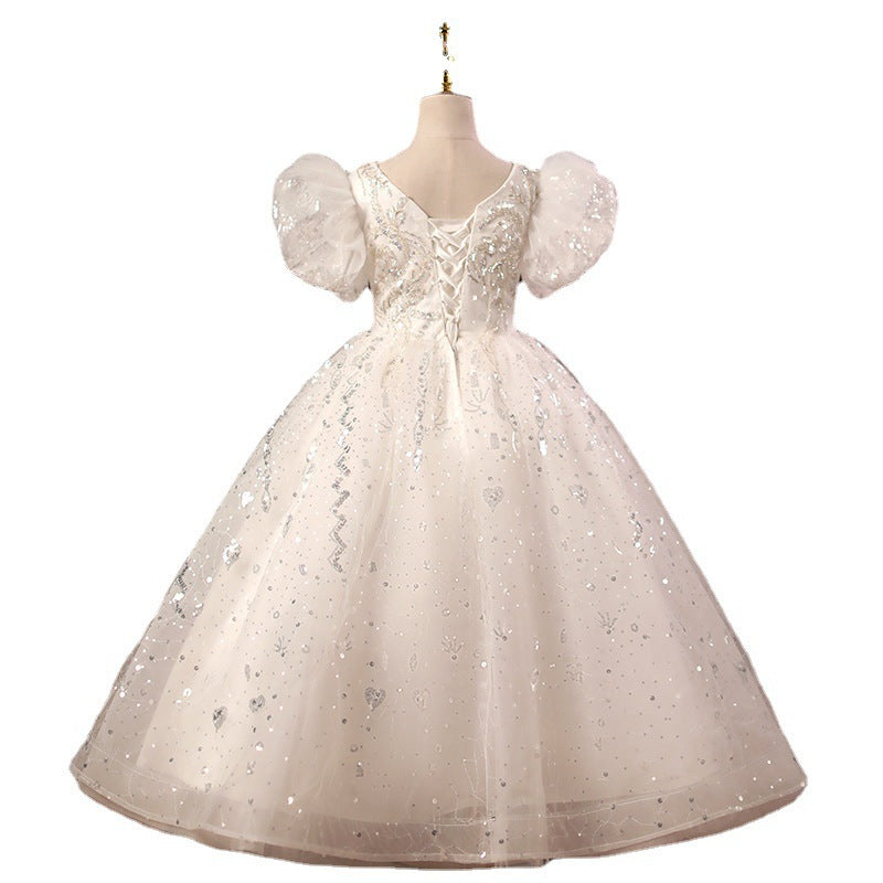White Sequin A-Line Flower Girl Dress Beaded Short Puff