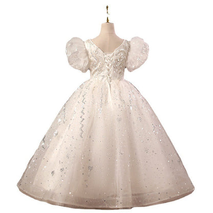 White Sequin A-Line Flower Girl Dress Beaded Short Puff
