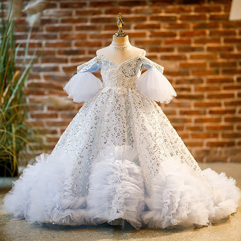 White Sequin A-Line Flower Girl Dress - Cold Shoulder, Lace