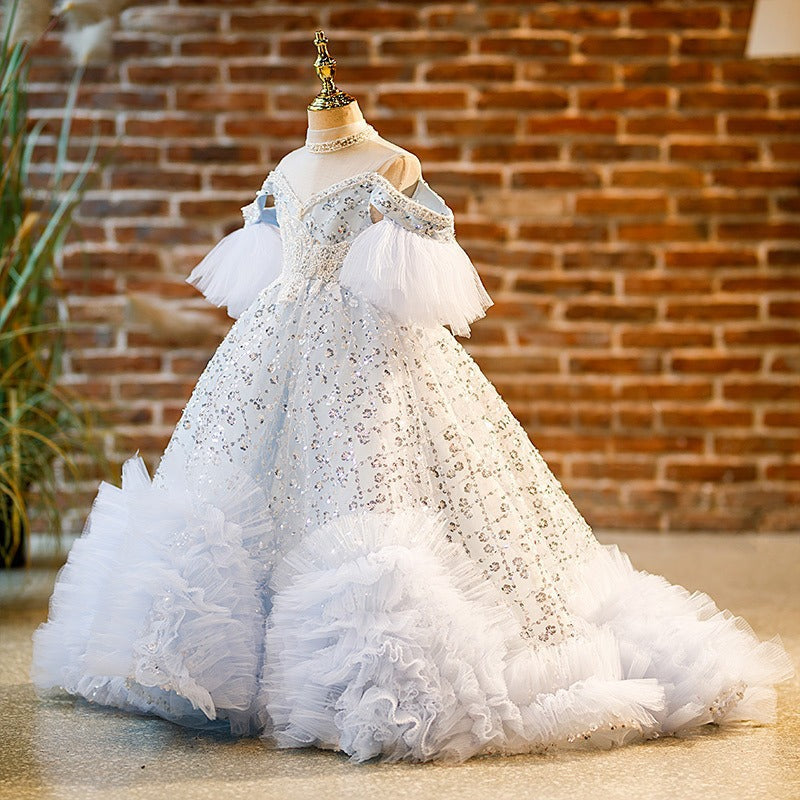 White Sequin A-Line Flower Girl Dress - Cold Shoulder, Lace