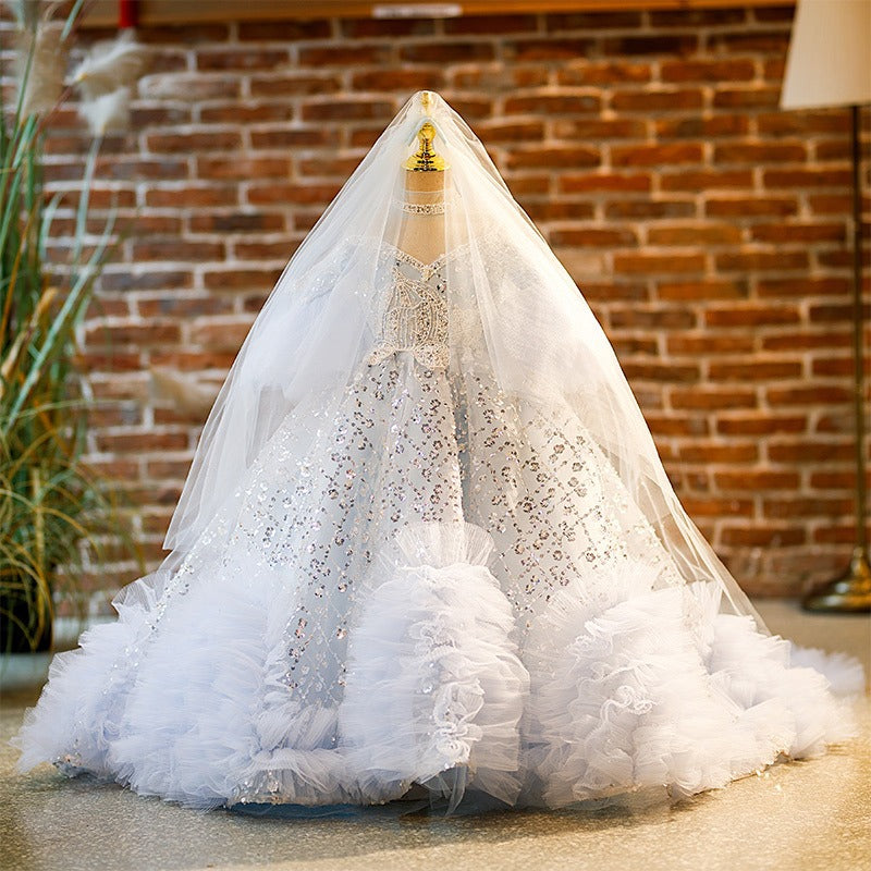 White Sequin A-Line Flower Girl Dress - Cold Shoulder, Lace