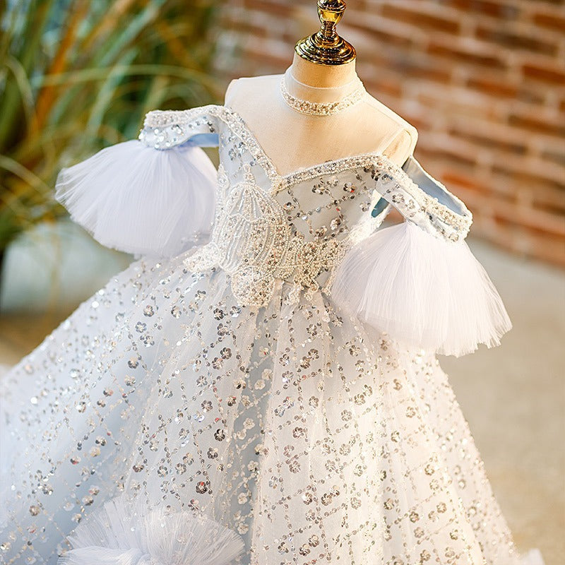 White Sequin A-Line Flower Girl Dress - Cold Shoulder, Lace