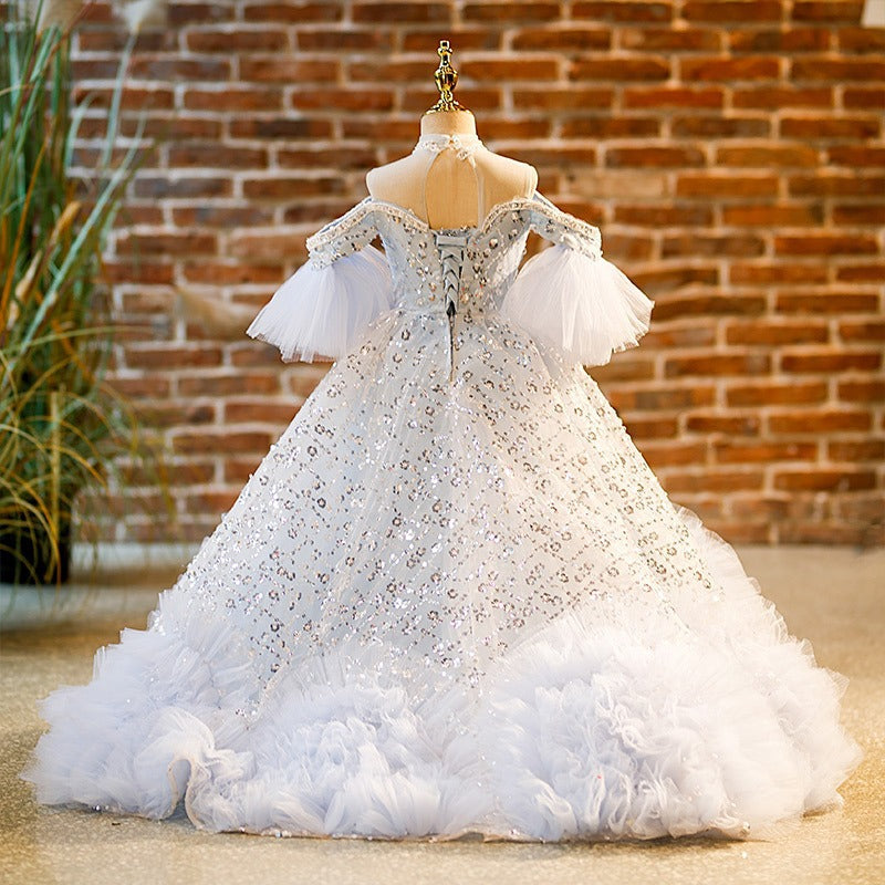 White Sequin A-Line Flower Girl Dress - Cold Shoulder, Lace