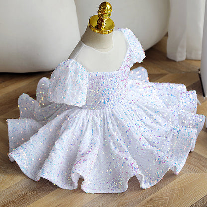 White Sequin A-Line Flower Girl Dress
