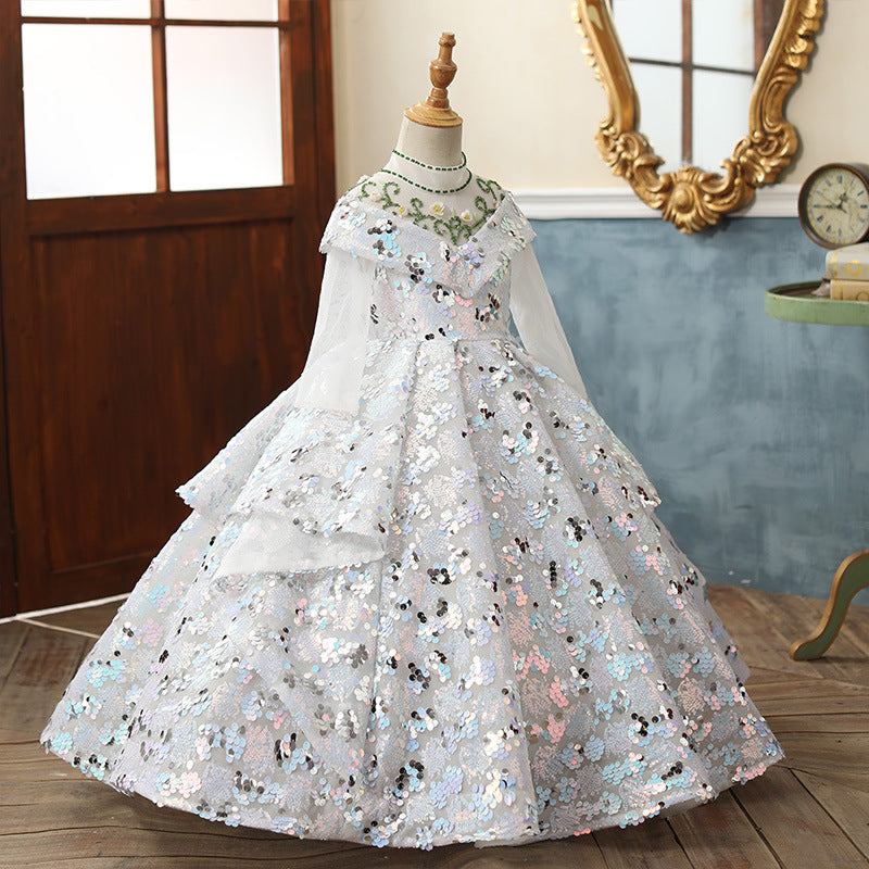 White Sequin A-Line Flower Girl Dress Long Sleeve Bow Floor