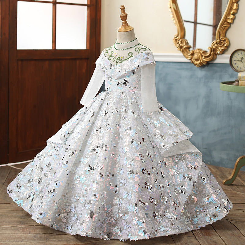 White Sequin A-Line Flower Girl Dress Long Sleeve Bow Floor
