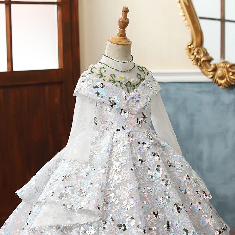 White Sequin A-Line Flower Girl Dress Long Sleeve Bow Floor
