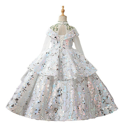 White Sequin A-Line Flower Girl Dress Long Sleeve Bow Floor