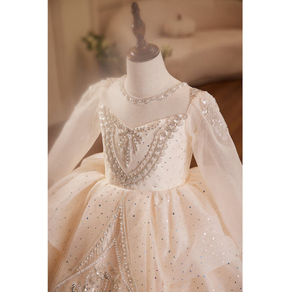 White Sequin A-Line Flower Girl Dress - Long Sleeves