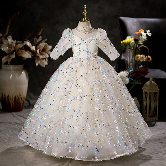White Sequin A-Line Flower Girl Dress Mock Neck Long Puff