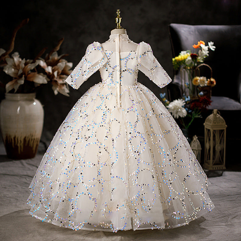 White Sequin A-Line Flower Girl Dress Mock Neck Long Puff