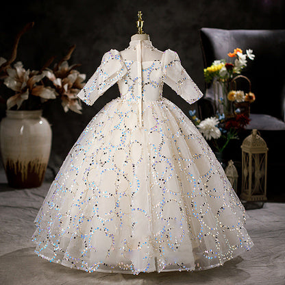 White Sequin A-Line Flower Girl Dress Mock Neck Long Puff