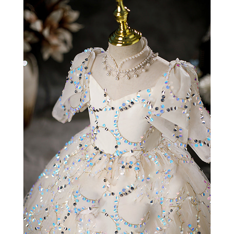 White Sequin A-Line Flower Girl Dress Mock Neck Long Puff