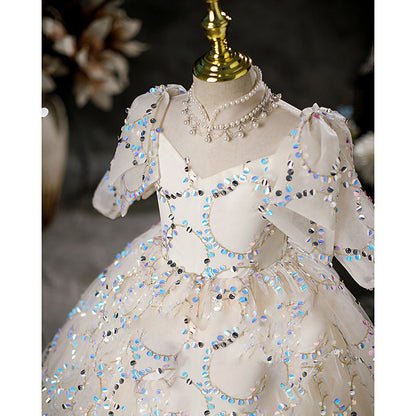 White Sequin A-Line Flower Girl Dress Mock Neck Long Puff