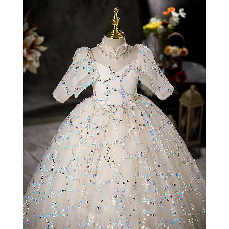 White Sequin A-Line Flower Girl Dress Mock Neck Long Puff