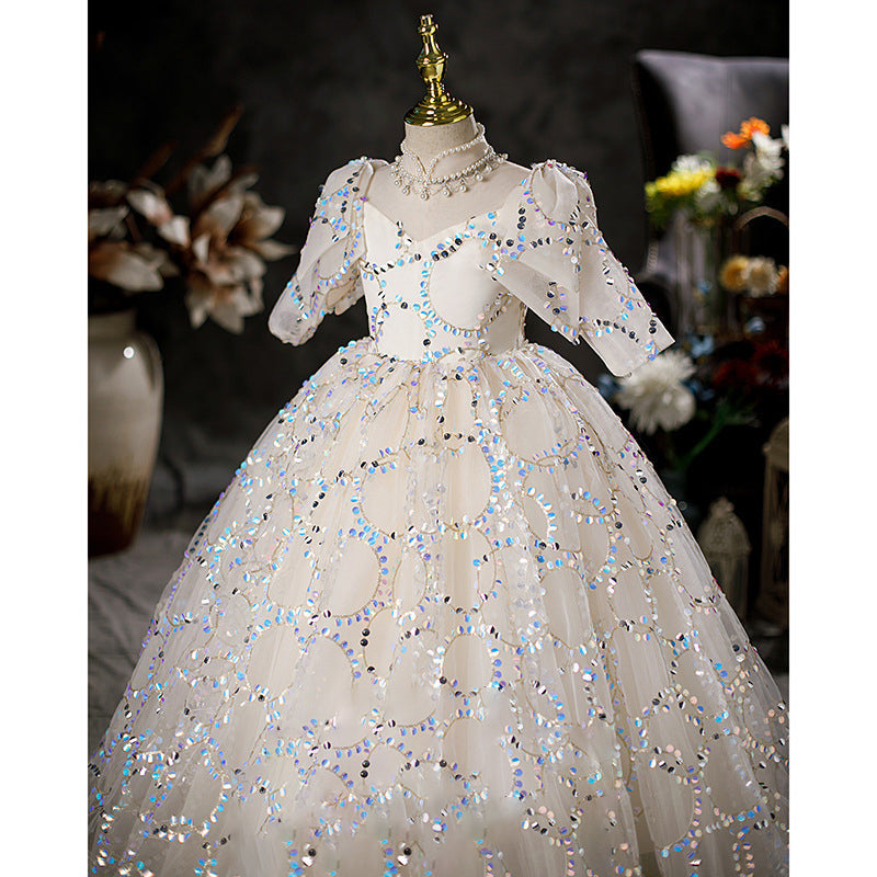White Sequin A-Line Flower Girl Dress Mock Neck Long Puff