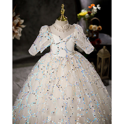 White Sequin A-Line Flower Girl Dress Mock Neck Long Sleeve