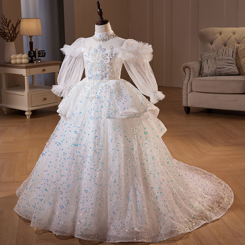 White Sequin A-Line Flower Girl Dress with Long Puff Sleeves