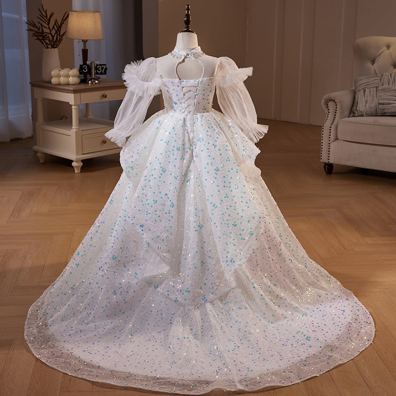 White Sequin A-Line Flower Girl Dress with Long Puff Sleeves