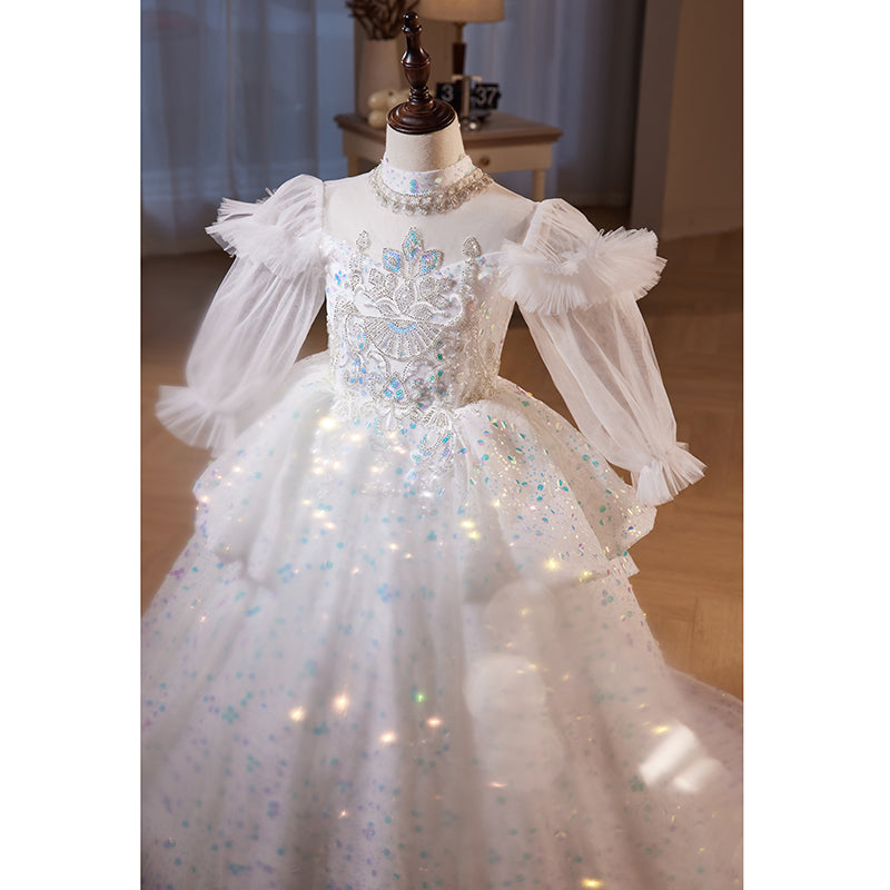 White Sequin A-Line Flower Girl Dress with Long Puff Sleeves