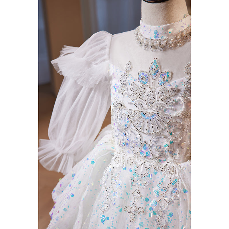 White Sequin A-Line Flower Girl Dress with Long Puff Sleeves