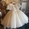 White Sequin A-Line Flower Girl Dress with Puff Sleeves