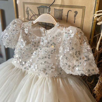 White Sequin A-Line Flower Girl Dress with Puff Sleeves