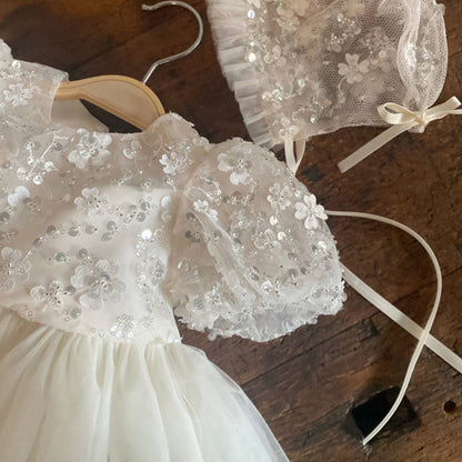 White Sequin A-Line Flower Girl Dress with Puff Sleeves