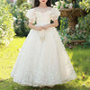 White Sequin A-Line Flower Girl Dress with Puff Sleeves