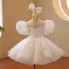 White Sequin Princess Dress | Bow Detail Puff Sleeves