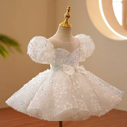 White Sequin Princess Dress | Bow Detail Puff Sleeves