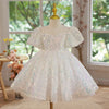 White Sequin Princess Flower Girl Dress Round Neck Puff Knee