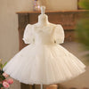 White Sequin Tulle A-Line Flower Girl Dress with Puff Sleeves