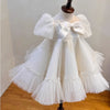 White Sequin Tulle A-Line Flower Girl Dress with Puff Sleeves