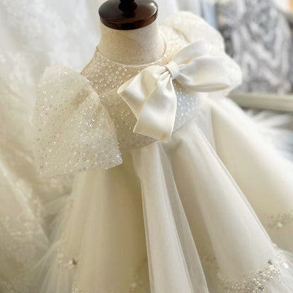 White Sequin Tulle A-Line Flower Girl Dress with Puff Sleeves