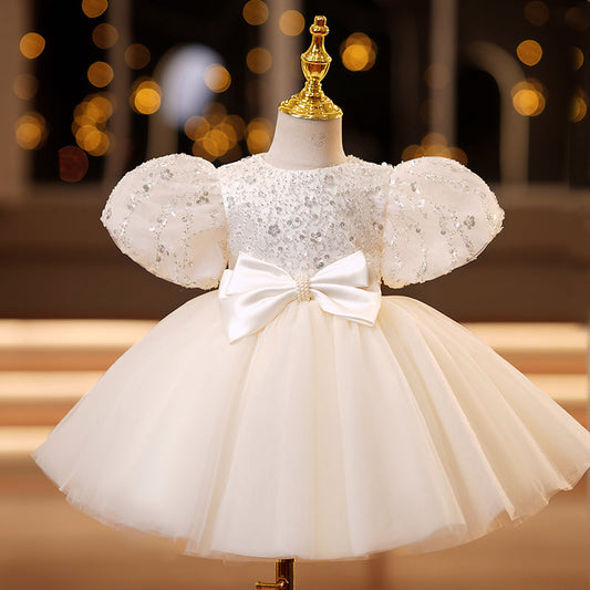 White Sequin Tulle Princess Flower Girl Dress Puff Sleeve Bow