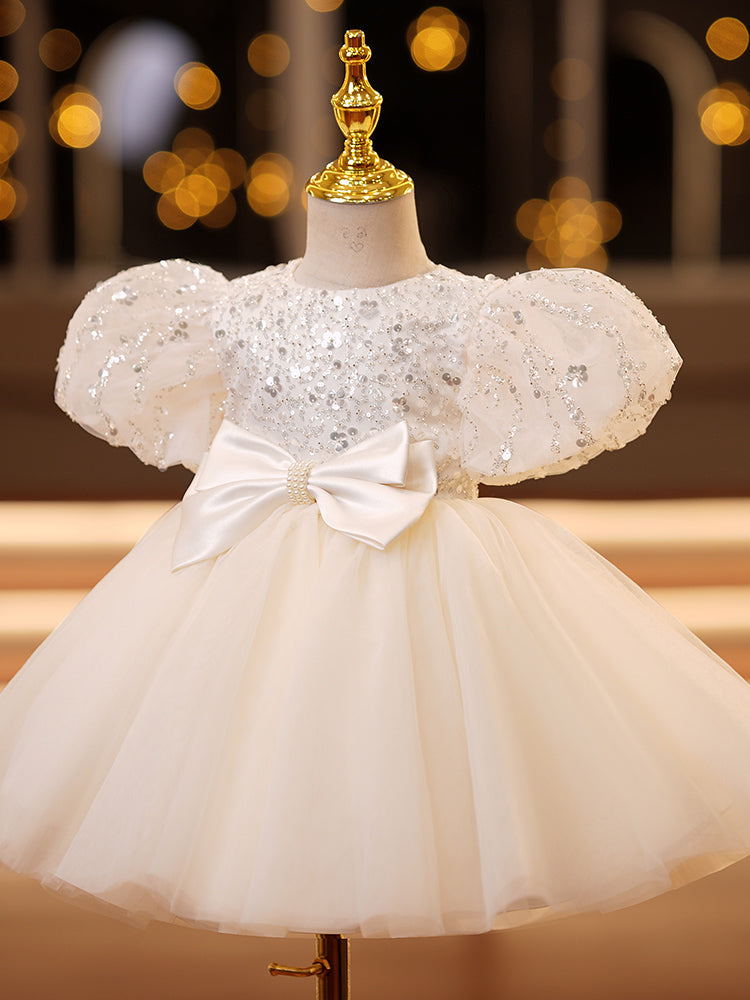 White Sequin Tulle Princess Flower Girl Dress Puff Sleeve Bow