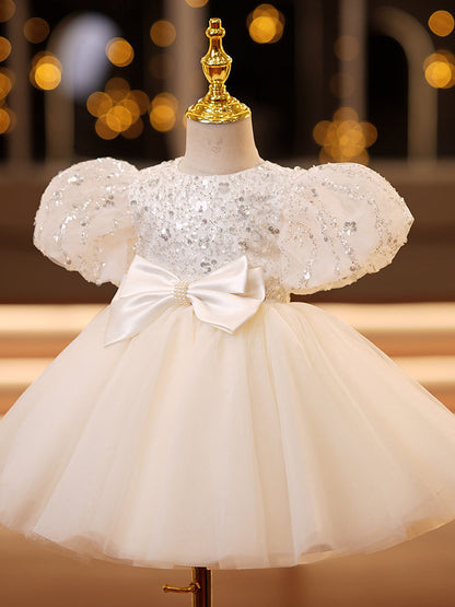 White Sequin Tulle Princess Flower Girl Dress Puff Sleeve Bow