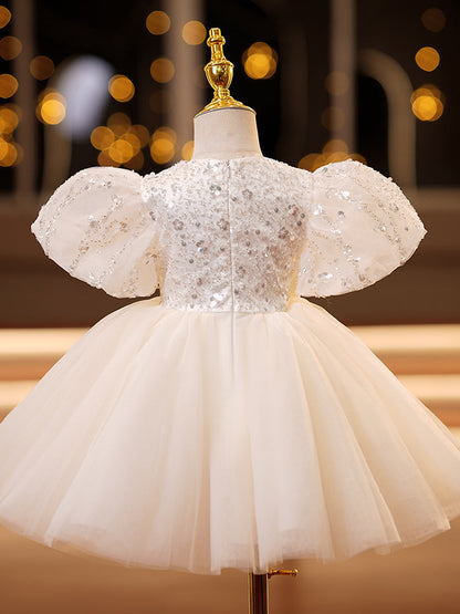 White Sequin Tulle Princess Flower Girl Dress Puff Sleeve Bow