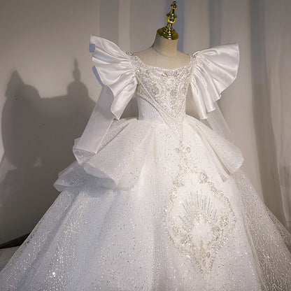 White Sequined A-Line Flower Girl Dress with Bell Sleeves